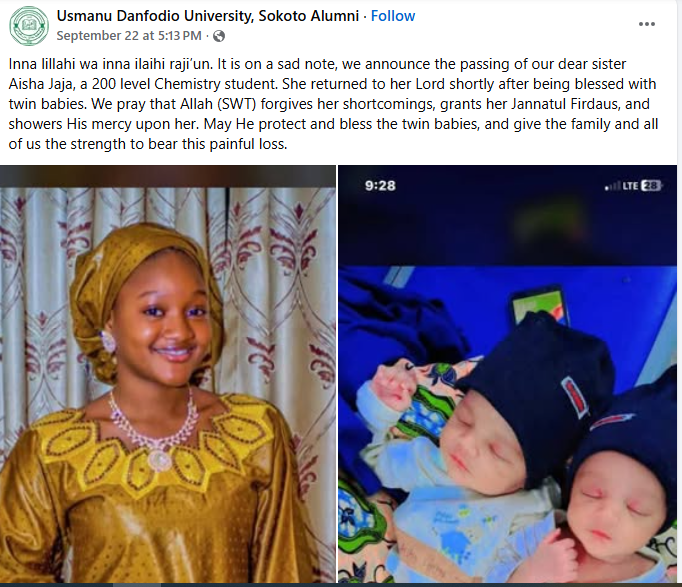Sokoto varsity community mourns as 200-level student d!es shortly after giving birth to twins