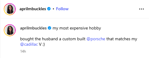 Pregnant woman gifts her husband a custom built Porsche to match her Cadillac