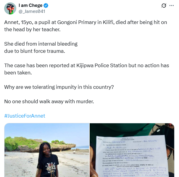15-year-old girl dies of internal bleeding after being struck on the head by her teacher