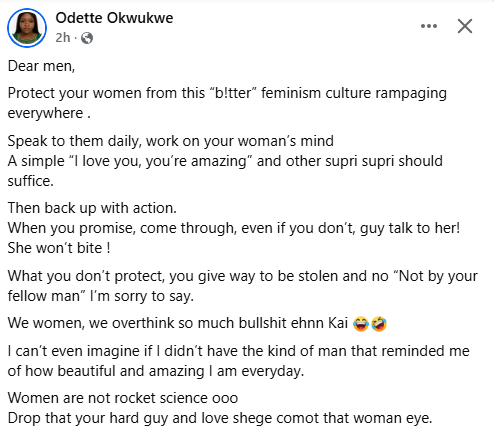 Protect your women from bitter feminism culture rampaging everywhere - Nigerian woman advises men