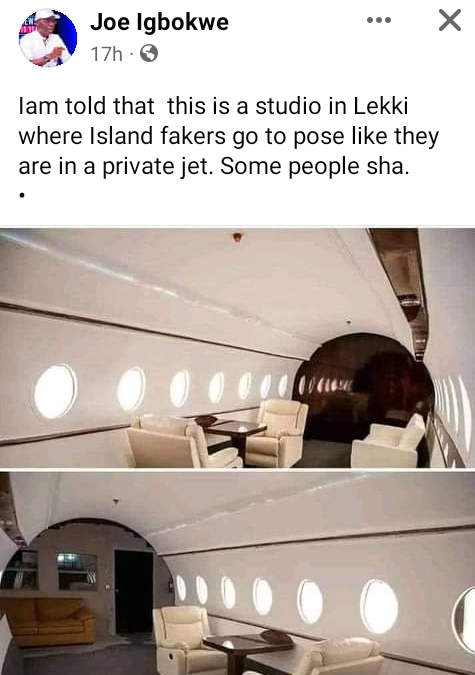 Joe Igbokwe, chieftain of the APC, posts images of the studio where 'Island fakers' go to pose as though they are aboard a luxury plane