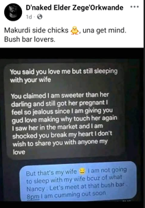 Makurdi side chicks are bold - Benue man says as he shares screenshot of chat between a lady and her married lover