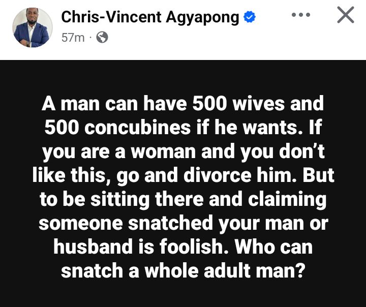 A man can have 500 wives and 500 concubines if he wants. If you don't like this, go and divorce him - Ghanaian lawyer addresses women