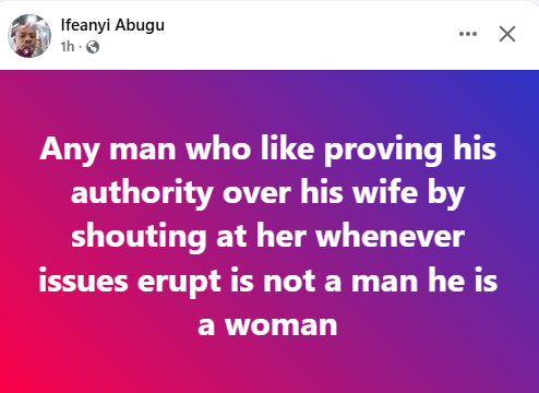 Any man who likes shouting at his wife whenever issues erupt is a woman - Nigeria man says