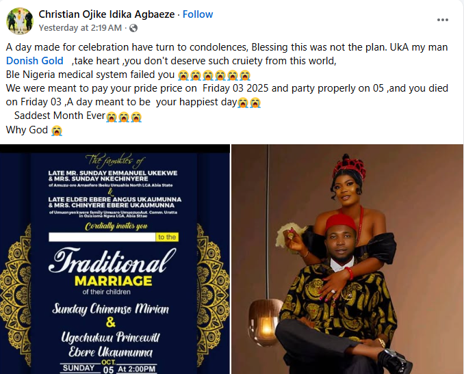 Nigerian woman d!es two days to her traditional wedding after complaining of chest pain