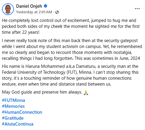Heartwarming moment FUTMinna security man reunited with a former student after 22 years