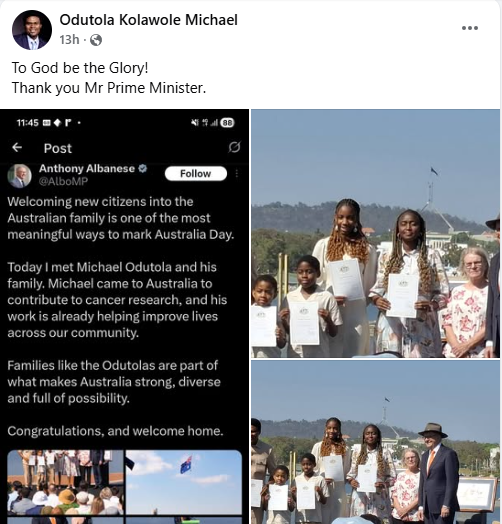 Michael Odutola's work is helping improve lives across our community - Australian Prime Minister congratulates Nigerian man and his family as they become citizens