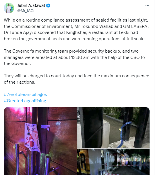 Lagos state govt arrest bar operators in Lekki for breaking govt seal and returning to full operation