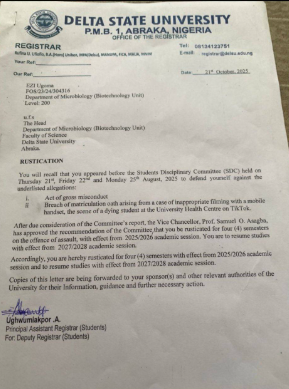 Delta varsity rusticates student for filming her dying colleague in health centre and sharing the video on TikTok