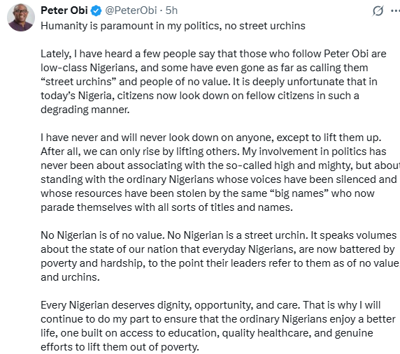 Stop calling my supporters street urchins - Peter Obi replies critics