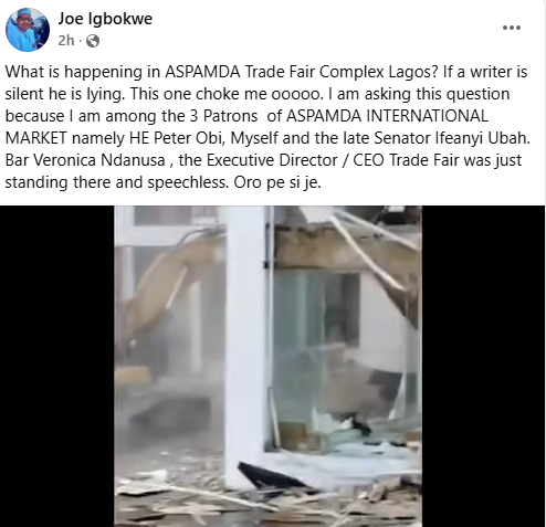 APC chieftain, Joe Igbokwe, questions the demolition of some plazas at Lagos Trade Fair