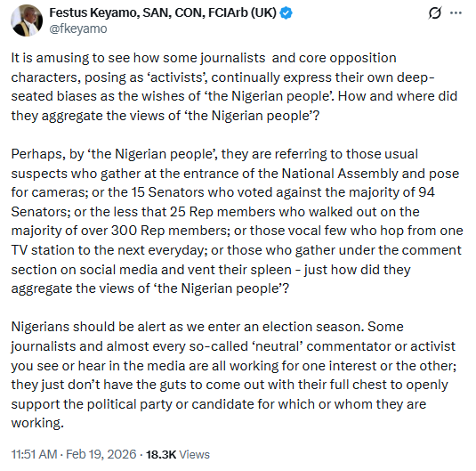 Aviation Minister, Festus Keyamo, tackles Nigerian journalists and activists who kick against the newly signed electoral act