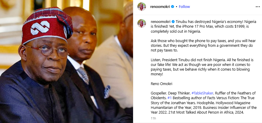Tinubu has destroyed Nigeria?s economy Yet, the iPhone 17 is completely sold out in Nigeria- Reno Omokri