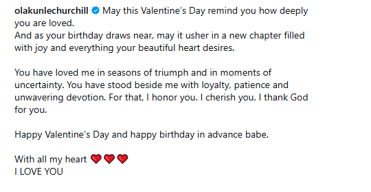 You have stood beside me with loyalty and unwavering devotion. For that, I honor you - Businessman, Olakunle Churchill tells wife Rosy Meurer as he sends her warm Valentines day wishes