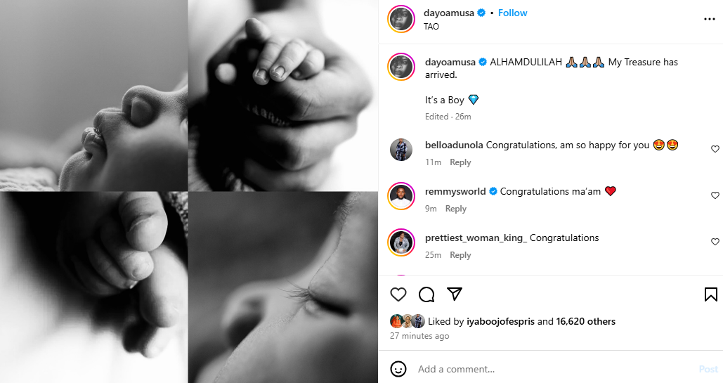 Actress Dayo Amusa welcomes baby boy
