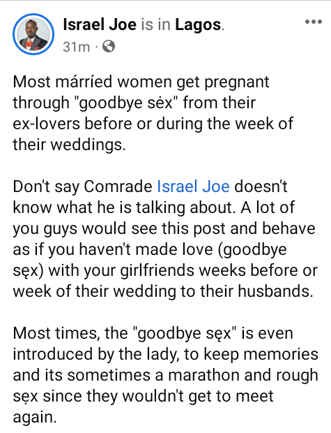 Most married women get pregnant through "goodbye s*x" with their ex-lovers before weddings - Human rights activist, Israel Joe says