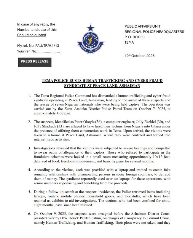 Police rescue seven Nigerians, arrest three human traffickers in Ghana