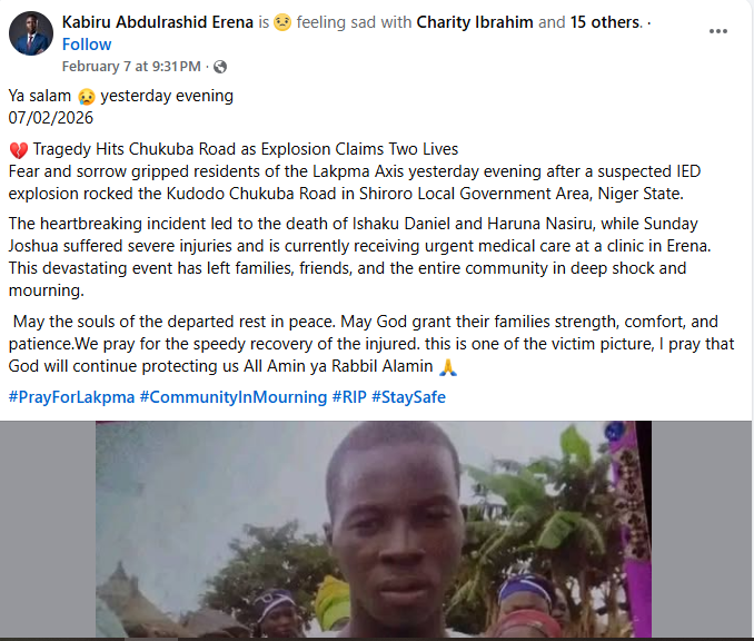 Two k!lled, one injured in IED explosion in Niger State