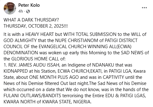Abducted Kwara pastor confirmed d3ad