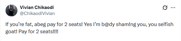 Nigerian lady insists overweight passengers should pay for two seats