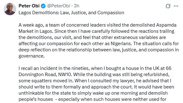 "Does it truly serve justice to destroy millions of Naira worth of investments?"- Peter Obi condemns demolition of buildings in Aspamda market