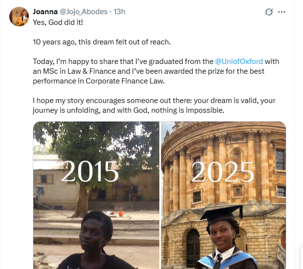 "Your dream is valid" - Nigerian lady shares before and after photos of herself as she bags Master