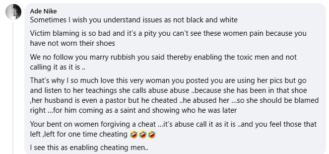 Why does it bother you that another woman chooses to forgive her husband? Nigerian lady addresses women who say cheating is a deal breaker