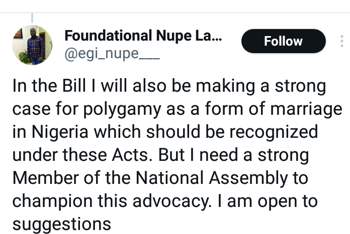Nigerian lawyer says he is working on a bill to criminalize adultery, paternity fraud, make DNA tests compulsory at birth and legalize polygamy