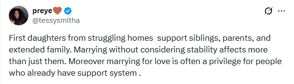 First daughters from struggling families have no business marrying for love - Nigerian lady says