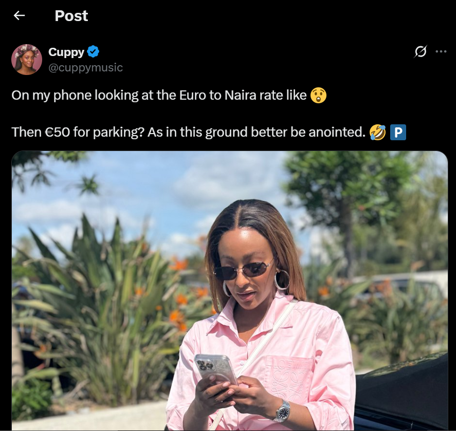 DJ Cuppy reacts to €50 parking fee DJ Cuppy reacts to €50 parking fee