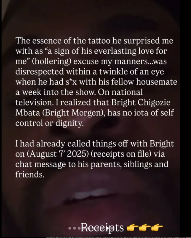 ?He?s opened a can of worms? ? Ex BBN star Bright Morgan?s ex-girlfriend finally speaks, promises more revelations