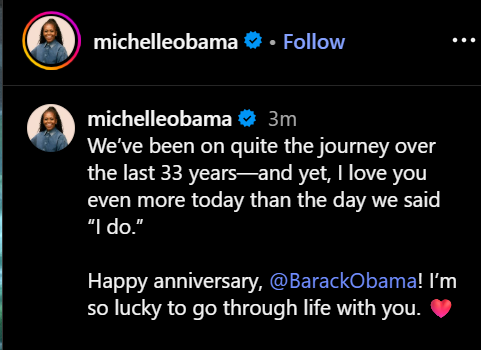 Michelle Obama celebrates 33 years wedding anniversary with Barack Obama