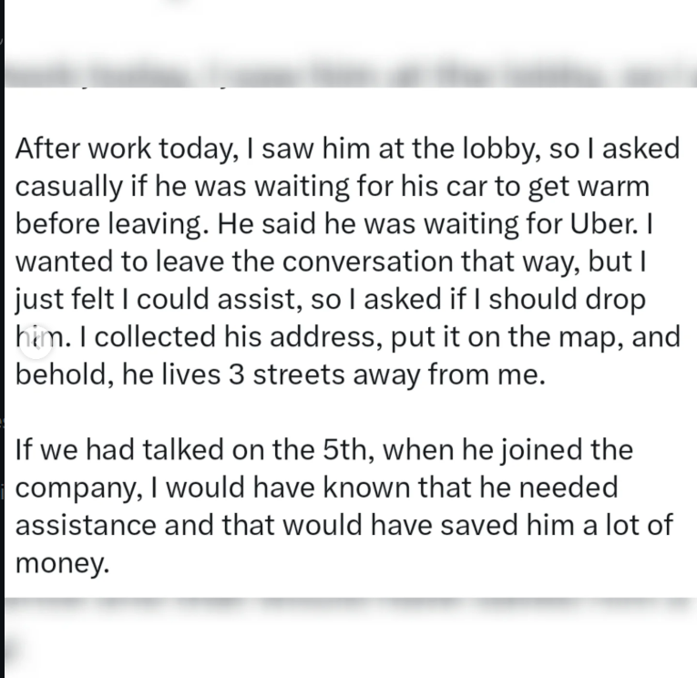 Nigerian man shares how his colleague avoided him at work only to discover they lived three streets apart