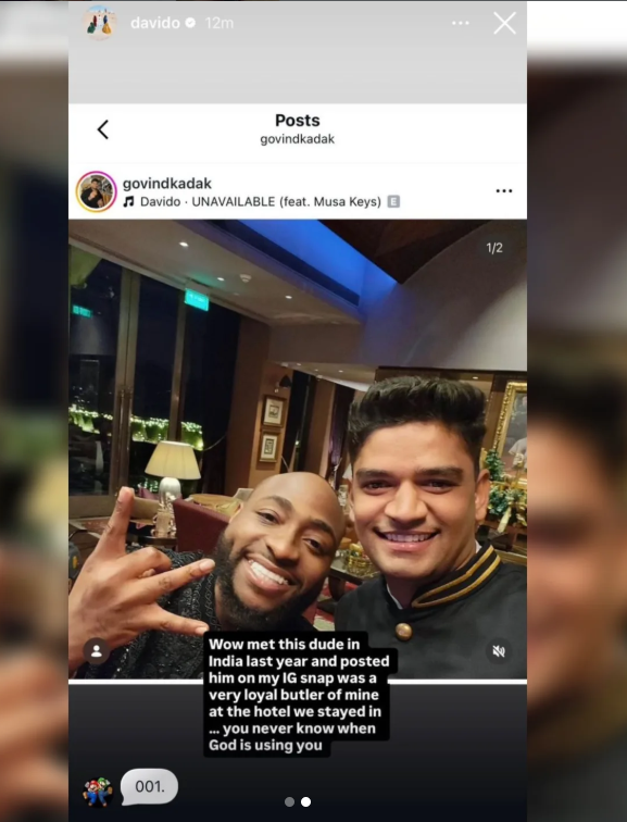â€œYou never know when God is using youâ€  - Davido reacts after indian hotel staff sends him heartfelt message about how meeting him changed his life
