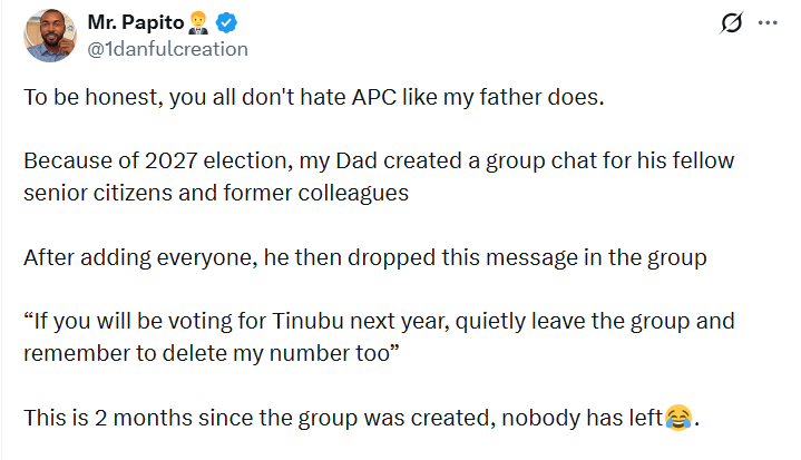 Delete my number - X user shares fatherâs strict warning to friends ahead of 2027 election