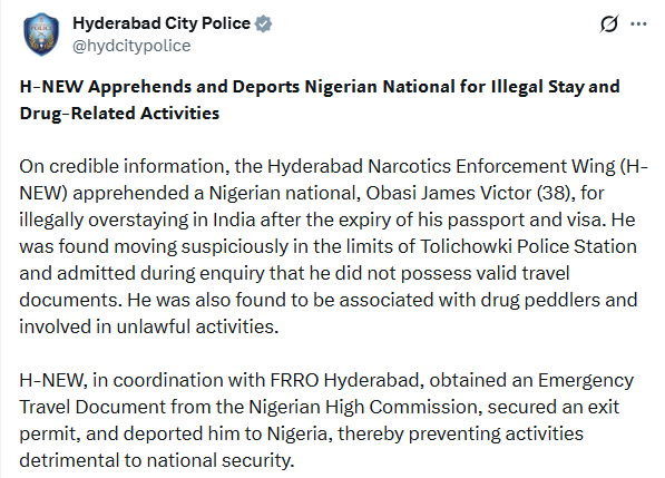 India deports Nigerian national for overstaying and drug related activities