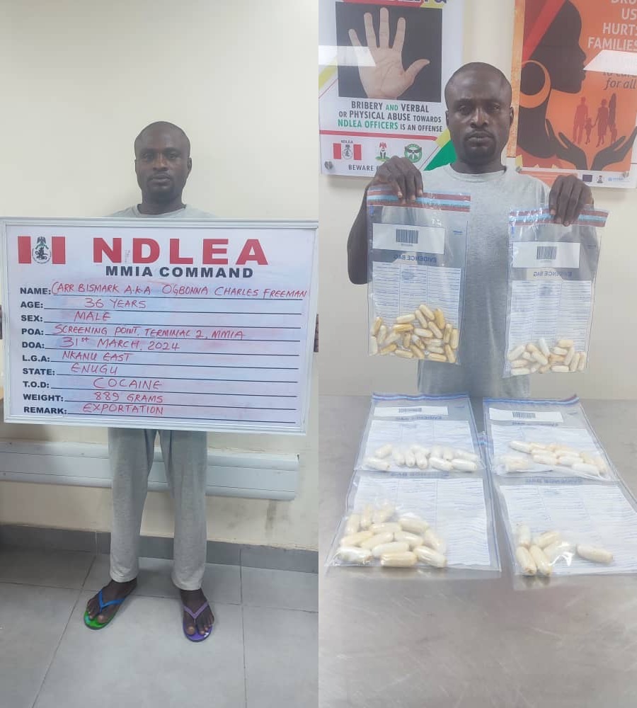 NDLEA arrests India-bound passenger for ingesting 80 wraps of cocaine