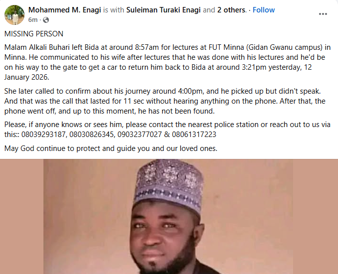 Family raises alarm over missing FUT Minna lecturer