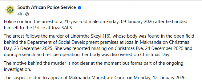 Suspect surrenders to police after m8rder of 16-year-old girl