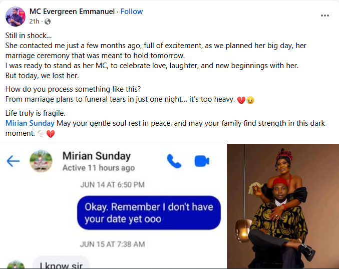 Nigerian woman d!es two days to her traditional wedding after complaining of chest pain