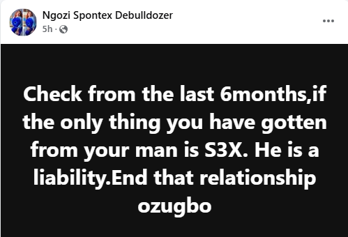 If the only thing you have gotten from your man in the last 6 months is s3x, he is a liability. End that relationship - Nigerian lady advises women