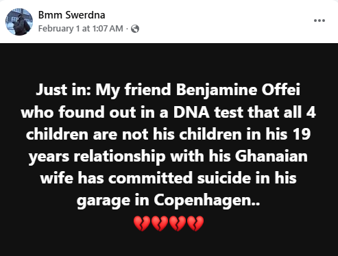 Ghanaian man reportedly commits su!cide in Denmark after DNA tests show he's not the biological father of his 4 children