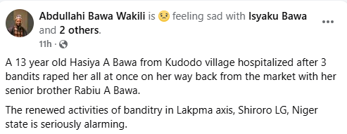 Bandits reportedly gang-r@pe 13-yea-old girl in Niger State