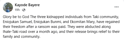 Three abducted family members regain freedom after ransom payment in Kogi