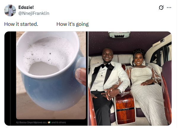 "How it started vs. How it's going" - Nigerian couple get married 5 years after meeting on Twitter over shared love for palm wine