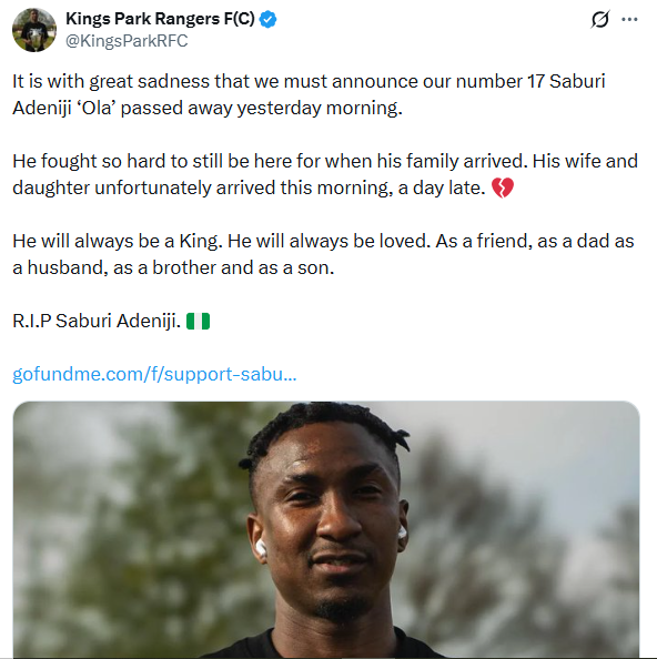 Nigerian footballer d!es after brain stem injury in UK