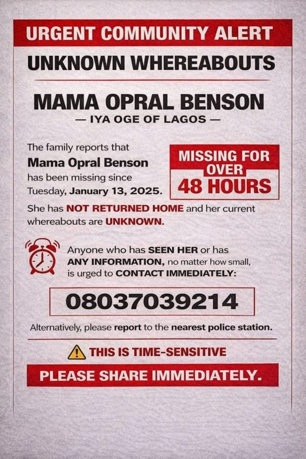 Chief Opral Benson, Iya Oge of Lagos, declared missing