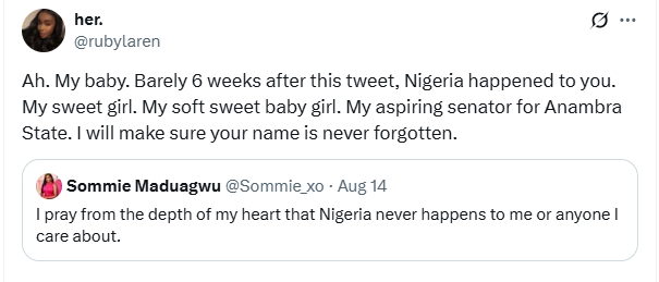 I pray from the depth of my heart that Nigeria never happens to me or anyone I care about - Arise TV anchor Somtochukwu tweeted 6 weeks before her death