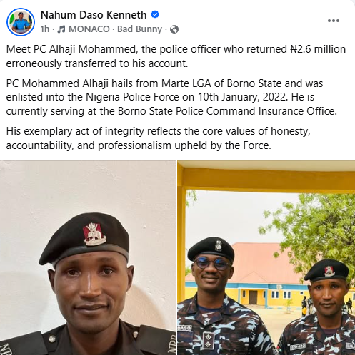 Borno police officer returns N2.6m mistakenly transferred to his bank account