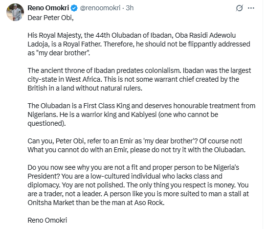 Reno Omokri berates Peter Obi for referring to new Olubadan of Ibadan as ??My Dear Brother?
